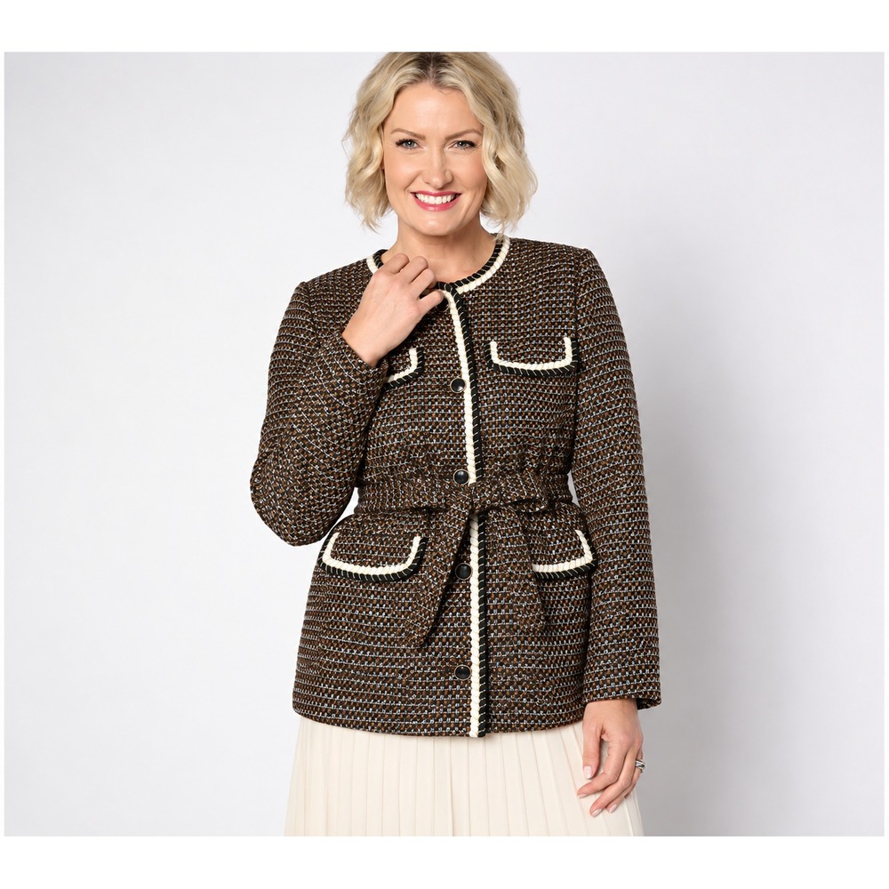 Isaac Mizrahi Live! Regular Woven Tweed Jacket with Self Tie Black Tweed X-Large